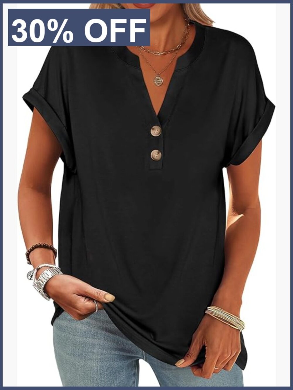 Short Sleeve V-Neck Henley Top Loose Fit Summer Tee Casual Blouse
